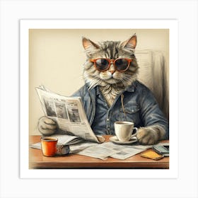 Cat Reading Newspaper Art Print