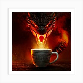 Red Dragon Eyes Ablaze With Fury Directs A Glare Into The Camera Lens Cup Of Steaming Coffee Clut Art Print