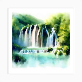 Waterfall Watercolor Painting, Plitvice Lakes National Park 2 Art Print