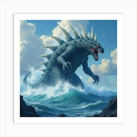 Titan Monster Emerging From Sea, Colorful Waves Crashing 1 Art Print