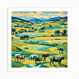 Abstract Cattle In The Field Cubism Style Art Print