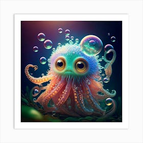 Firefly Photorealistic, Highly Detailed, Color, Cute, Cthulhu, Big Eyes, Soap Bubbles, Floating, Air (9) Art Print