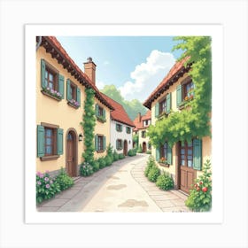 Pearl Brooch, Watercolor, Quaint Village Street 1 Art Print