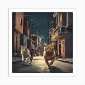 Close Up Photo Of A Cat Running After A Dog Next Art Print