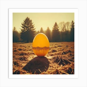 A Large Golden Easter Egg Partially Buried In The Ground, Illuminated By The Sun In A Field With A Forest In The Background Art Print