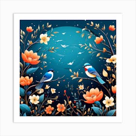 A Bright Toned Design With Flowers And Leaves Trees And Birds A Beautiful And Simple Picture Birds And Flowers Background Art Print