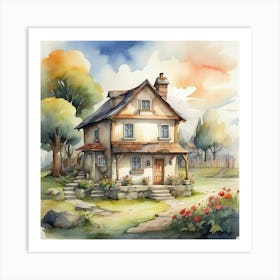 A Little House In The Village Cartoon Watercolor Dra 1 Art Print