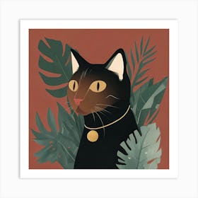 Black Cat With Leaves Art Print