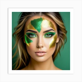 Beautiful Young Woman With Green And Gold Makeup Art Print