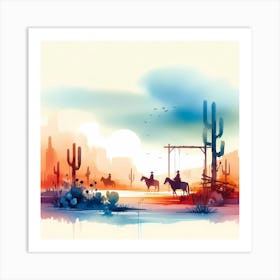 Watercolor Cowboys In The Desert 2 Art Print