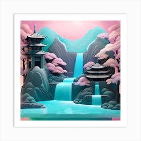 Asian Landscape With Waterfall Japanese Textured Monochromatic Art Print