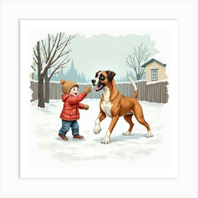 Friendly Boxer And Child Playing In A Snowy Backyard, Watercolor 1 Art Print