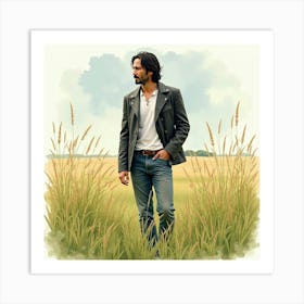 Watercolor Portrait Of Keanu Reeves In A Tranquil Field Of Tall Grass Art Print