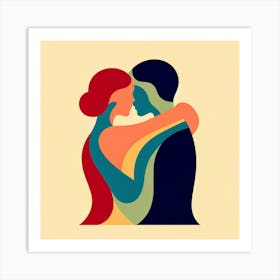 Title: "Embrace in Color"  Description: "Embrace in Color" is an artwork that encapsulates the warmth of human connection through abstract forms and a vibrant color palette. The interlocking shapes of the two figures demonstrate a harmonious union, while the choice of colors reflects the depth and diversity of human emotions. This piece symbolizes inclusivity and love, resonating with a broad audience and making it a compelling addition to any contemporary art collection. Art Print