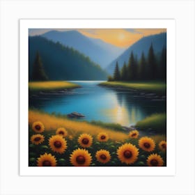 Sunflowers By The River Art Print