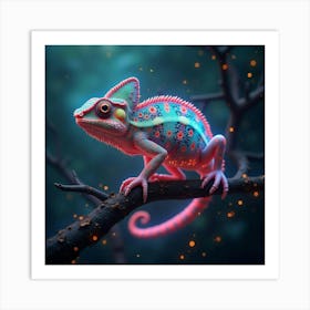 A Radiant Chameleon With Scales Of Glowing, Fractal Light Blending Into A Cosmic Jungle Art Print