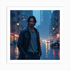 Keanu Reeves In A Peaceful Watercolor Cityscape At Night, Soft Lights Art Print