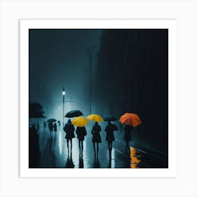 People Holding Umbrellas In The Rain Art Print