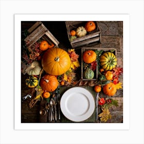 An Autumnal Photography Arrangement Depicting A Vibrant Orange Gourd Amidst A Thanksgiving Meal Sett (4) Art Print