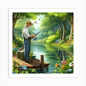 An Image Of A Man Fishing In A River With A Beautiful Landscape 2 Art Print