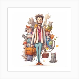 Man With Cats Art Print