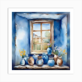 Blue wall. Open window. From inside an old-style room. Silver in the middle. There are several small pottery jars next to the window. There are flowers in the jars Spring oil colors. Wall painting.40 Art Print