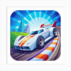 White Race Car On A Track Art Print