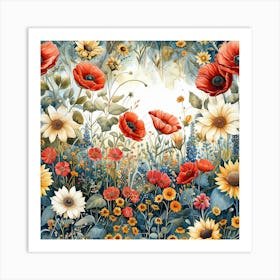 Poppies And Sunflowers Art Print