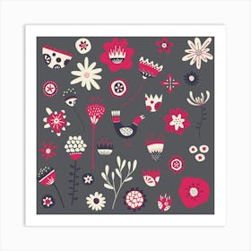 Scandinavian Folk Flowers And Birds Dark Art Print