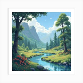 Serene Watercolor Valley With Mystical Creatures 1 Art Print