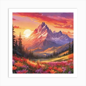 Mountain Landscape With Flowers Art Print