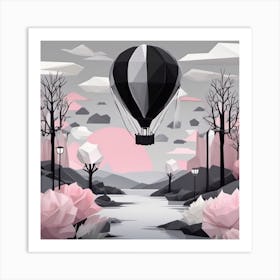 Pink and Black Hot Air Balloons Low Poly Art Landscape Art Print