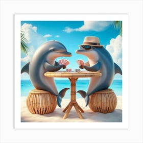 Dolphins Playing Cards On The Beach Art Print