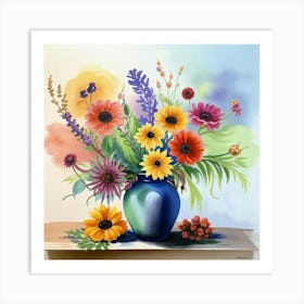 Watercolor Flowers In A Vase Art Print