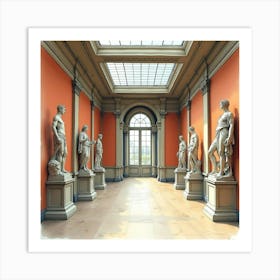 Parisian Museum Interior In Watercolor With Classic Statues And Grand Halls 1 Art Print