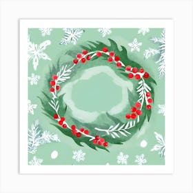 Christmas Wreath Wall Art Green Background Botanical Style #4 Art Print