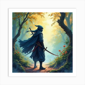 Ninja Fighter In A Watercolor Jungle With A Colorful Haze 1 Art Print