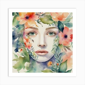 Watercolor Of A Woman With Flowers 3 Art Print