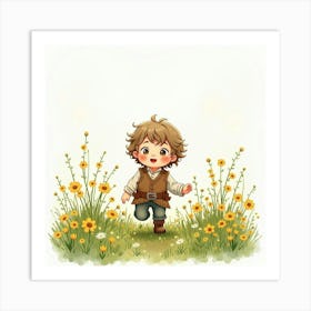 Watercolor Scene Of A Hobbit Child Playing In A Field Of Wildflowers Art Print