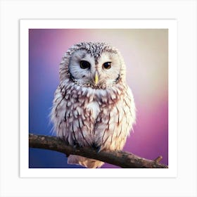 Firefly Owl, Soft, Peaceful, Smile, White, Wings, Down, Black, Big Eyes, Perched, Twig, Bokeh, Pink, (3) Art Print