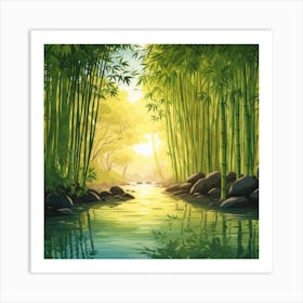 A Stream In A Bamboo Forest At Sun Rise Square Composition 88 Art Print
