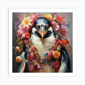 Penguin With Flowers art print Art Print