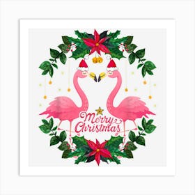 Merry Christmas Santa Hat Flamingo Lover Christmas Couple Art Print