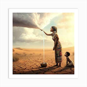 The Clouds For Africa, An african woman squeezes water from a cloud Art Print