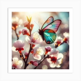 A Butterfly Landing On A Blooming Cherry 1 Art Print