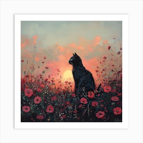 Black Cat in a Floral Sunset Garden 1 Art Print