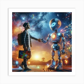 Futuristic Man And Robot Art Print