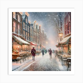 Amsterdam cafes, winter season, Christmas, pale colors, pedestrians in the street, winter clothes, falling snow.14 Art Print