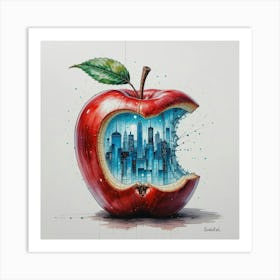 Stunning pen and watercolor sketch with a touch of oil painting. The centerpiece is a red apple, from which a bite in the form of a New York city has been taken. The city is filled with azure luminous glass, casting a mesmerizing glow Art Print