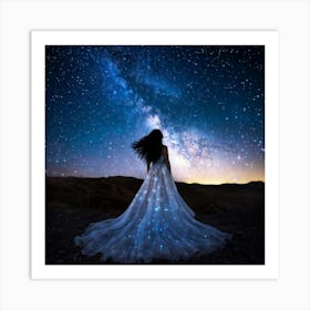 Cosmic Woman Draped In A Flowing Ethereal Gown Stands Beneath The Vast Nightfall Sky Stars Speckl Art Print